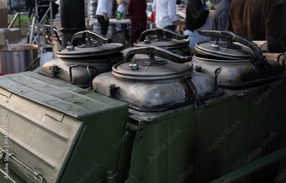 Mobile field kitchen or canteen. Food truck for cooking warm food, used by military troops or at outdoor open air party events and campsites. Mobile field kitchen or canteen. Food truck for cooking warm food, used by military troops or at outdoor open air party events and campsites.