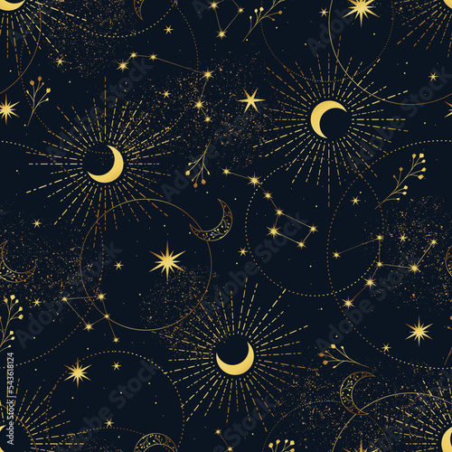 Vector blue seamless pattern with  moon, plants and stars. Mystical esoteric background for design of fabric, packaging, astrology, phone case, wrapping paper.