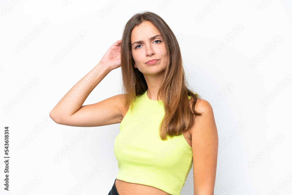 Young caucasian woman isolated on white background having doubts Young caucasian woman isolated on white background having doubts