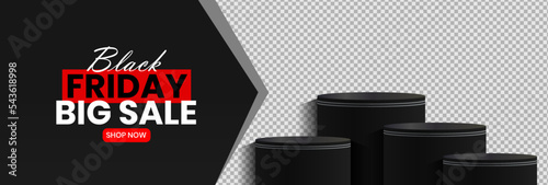 Black Friday product banner template with promotional display stand on transparent background. Vector illustration.