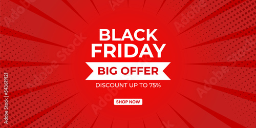 Black Friday big offer discount sale banner design template on shiny red background with halftone. Vector illustration. photo