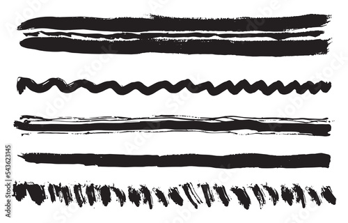 Lines texture. Black ink grunge paint brush strokes. Painted ink stripes, design elements. Vector illustration