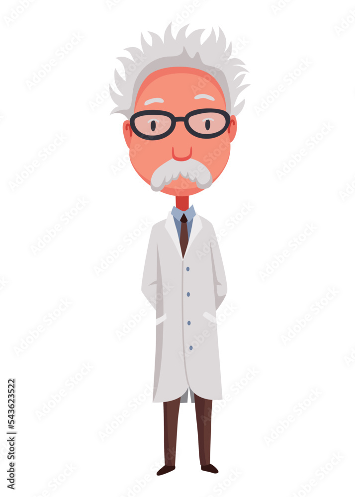 Old scientist holds hands behind his back. Funny moustached character wearing glasses and lab coat. Discovery in science. Vector illustration in cartoon style Old scientist holds hands behind his back. Funny moustached character wearing glasses and lab coat. Discovery in science. Vector illustration in cartoon style