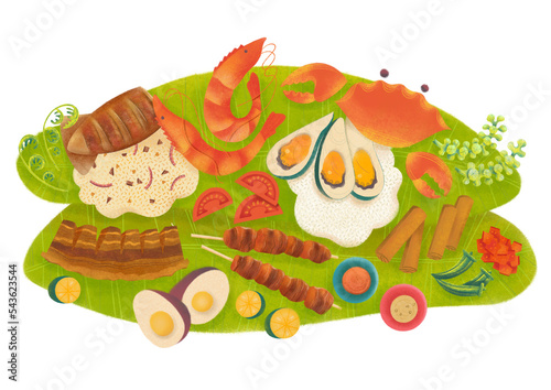 Filipino boodle fight food spread with seafood, grilled meat, rice, and vegetables on banana leaves	 photo