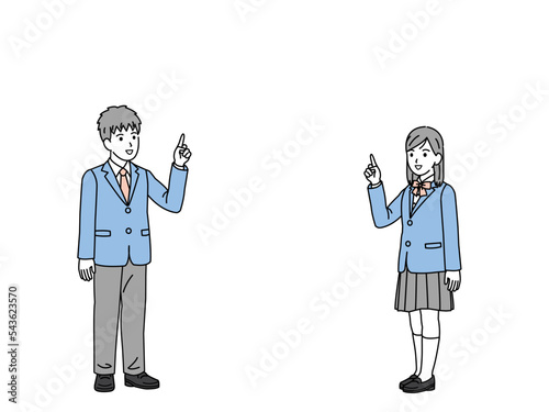 上に指を差す学生の男女のイラスト　中高生の生徒