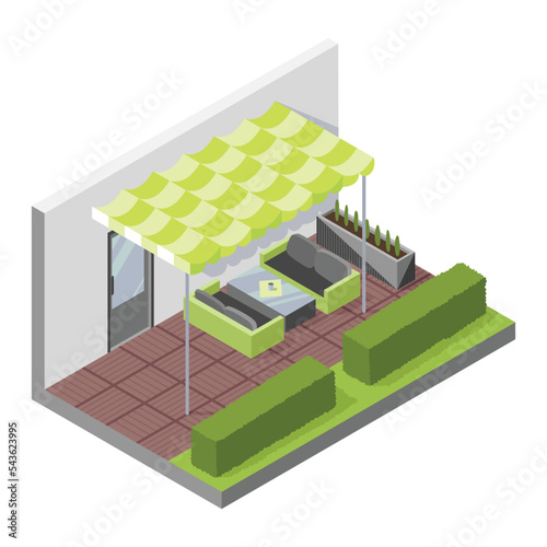 Inner courtyard isometric composition with patio. House with private terrace with covering from above. Covered veranda for table place. Modern architecture