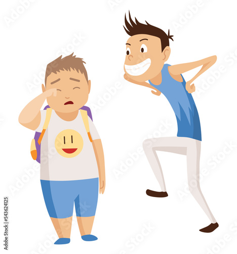 Kids bullying. Childish bullies or verbal and physical conflict between children. Bad child behavior, scared and strong angry children conflict, cartoon characters confrontation