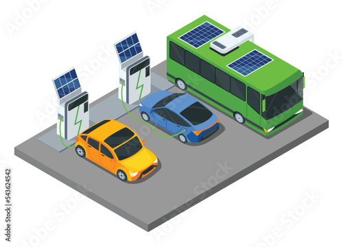 Isometric electric eco transports. Electromobiles and city public bus. Vehicle charging station with solar panels, flat vector illustration. Powered by electricity charging station