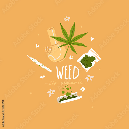 Hand drawn vector abstract graphic clip art illustration of Medical Marijuana, smoking accessories.Smoking weed cartoon.Cannabis and weed legalization concept design art.Trendy vector illustration.