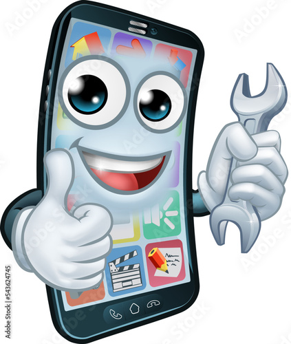 A mobile phone repair service or perhaps plumber or mechanic app cartoon character mascot holding spanner and giving a thumbs up.