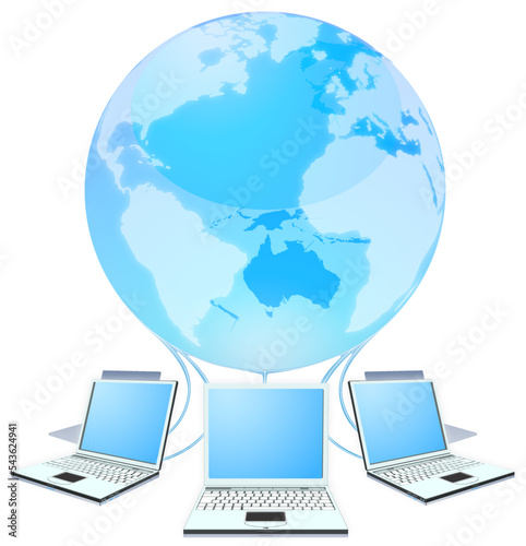 A computer cloud data technology concept with laptops connected to a world earth globe