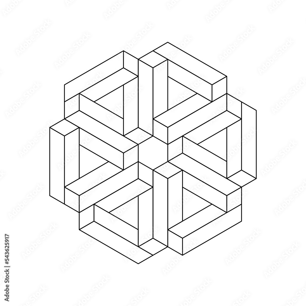 Impossible shape made of penrose triangles. Esher geometric object. 3D isometric object made of rectangles. Building, construction, architecture concept. Vector illustration, thin line icon, clip art Impossible shape made of penrose triangles. Esher geometric object. 3D isometric object made of rectangles. Building, construction, architecture concept. Vector illustration, thin line icon, clip art