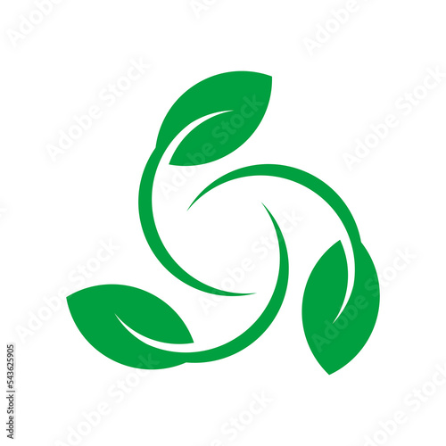 Environmental protection logo design template. Three leaves rotating forming a shield shape. Recycle idea. Biodegradable compostable icon. Natural organic healthy food. Vector illustration clip art.