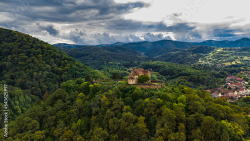 Medieval castle on the mountain, drone photography, Romania, Transylvania, Cisnadioara photo