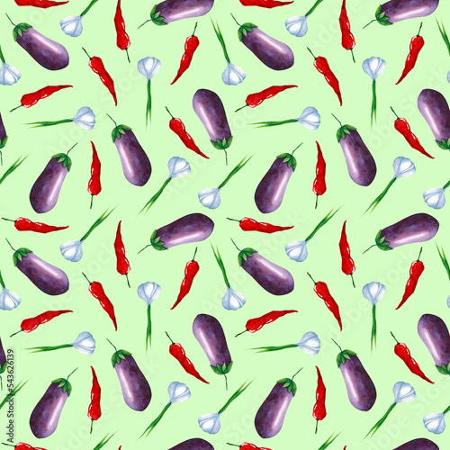 Vegetables seamless pattern on light green background. Botanical watercolor repeat print. Kitchen, garden design with eggplant garlic chili pepper.