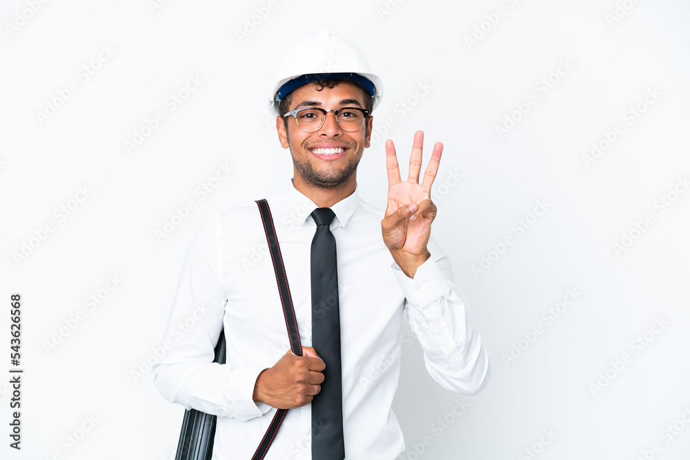 Architect brazilian man with helmet and holding blueprints happy and counting three with fingers Architect brazilian man with helmet and holding blueprints happy and counting three with fingers