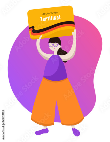 Education, German Language online course certificate. Young people are studying. Educational class, digital classroom. Girl is holding a nameplate . Flat vector illustration.