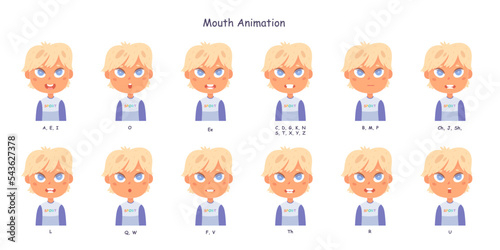 Mouth animation with different expression set of cute boy vector illustration. Cartoon isolated portrait of young male character making English sounds, lip sync pronunciation and talk movement