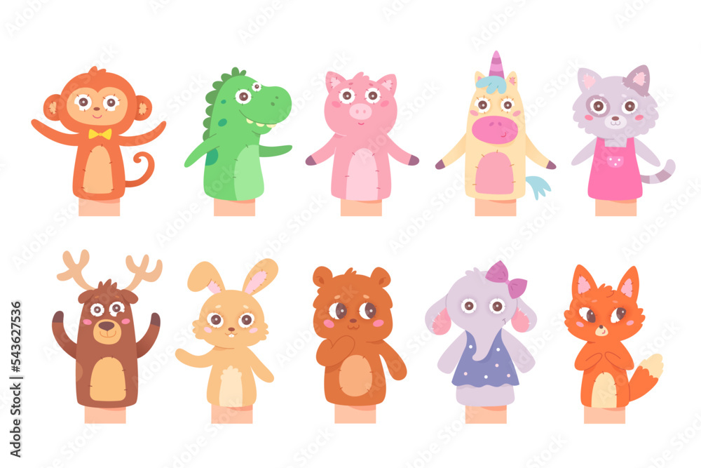 Funny animal toys from socks for kids puppet show set, isolated hand with handmade dolls
