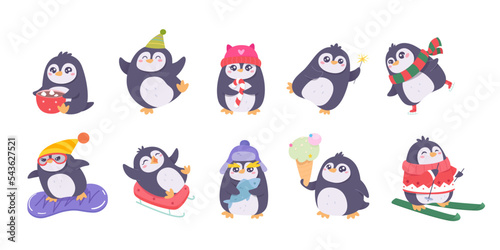 Cute penguin actions set, funny animal characters eating ice cream and fish, skiing