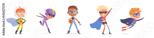 Cute superhero characters set, little happy boys playing, wearing mask, glasses and cape