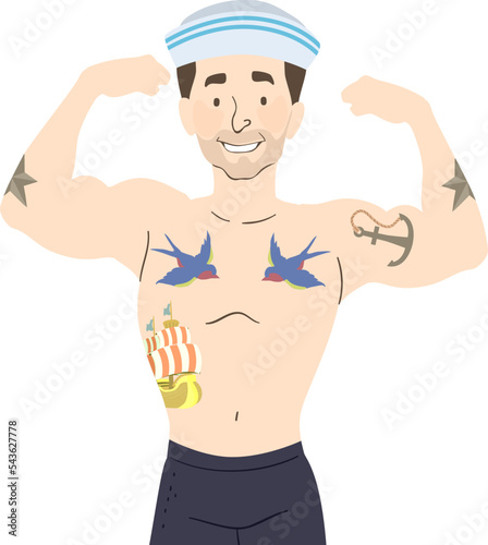 Man Sailor Tattoo Arm Flex Pose Illustration