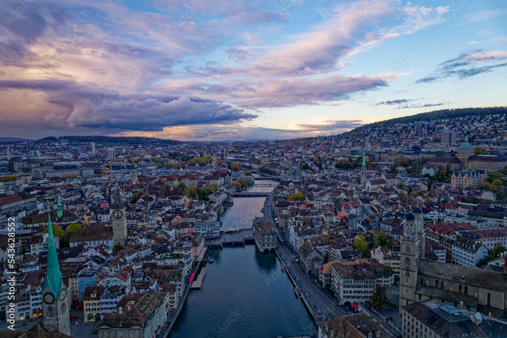 Aerial view of City of Zürich with the old town and Limmat River on a cloudy autumn day. Photo taken November 4th, 2022, Zurich, Switzerland.