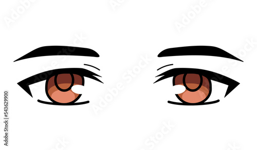Sad brown anime boy eyes vector illustration on white background. Cute kawaii big hand drawn Manga cartoon japanese style eyes. Simple retro eyes for drawing, print, poster, cards, stickers. How to dr
