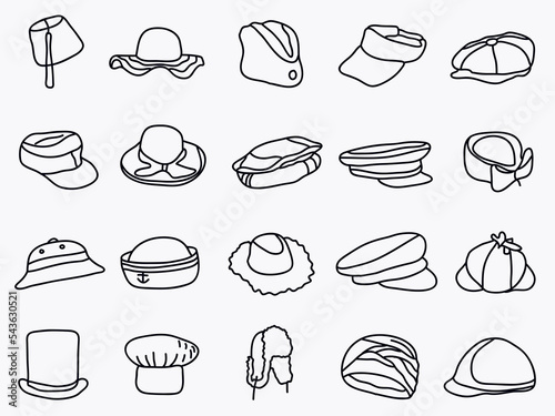 hand drawn hat outline icon collection .hat fashion line art doodle illustration