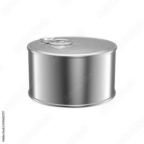 Tuna can blank. Canned food cylinder tin hyper realistic 3d vector illustration. Canned meat, cat food preserves, high angle package. Sardine fish can with pull ring, low profile detalied preserve photo