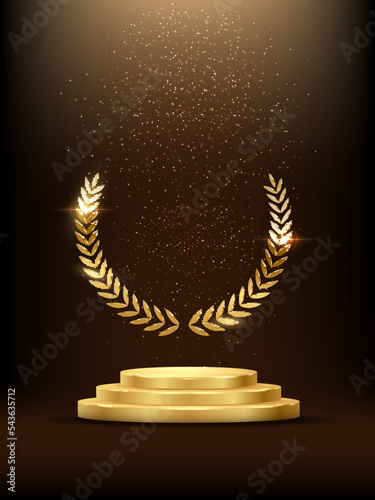 Golden podium with laurel glowing. Gold stage with glitter and light fog on dark background. Hollywood fame in film and cinema or championship in sport vector illustration
