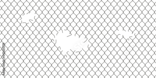 Holes in wire mesh of steel fence vector illustration. 3d realistic torn metal chains of net cage or construction barrier, broken boundary iron wires and chainlink of prison or metallic safety border
