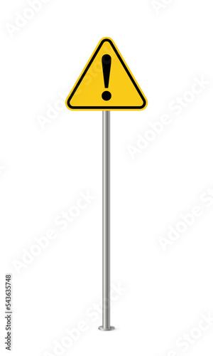 3d road warning sign with yellow board on metal pole, signboard with exclamation mark