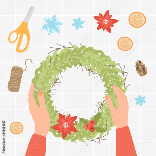 Handmade decoration of Christmas wreath. Christmas and New Year DIY. Vector illustration. Flat style.