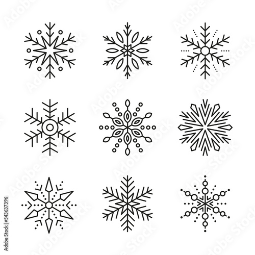 Set of 9 vector snowflakes isolated on white background. Simple flat illustration