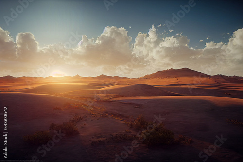 2d illustration of dawn in the desert with clouds on the horizon