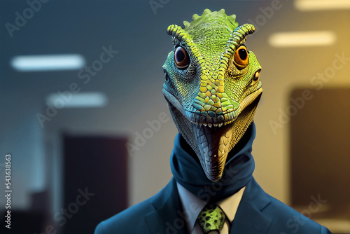 Fotografija 3d and 2d illustration of lizard clerks in a dark blue suit and green tie who ar