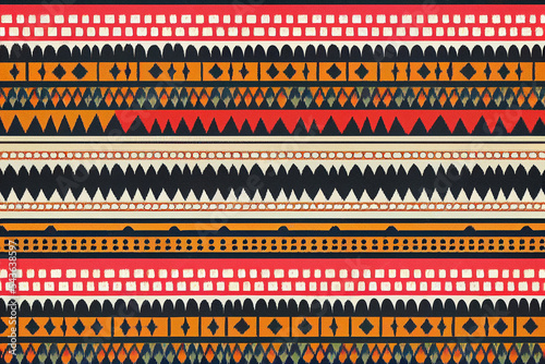 composition of 2d illustrations of antique carpets with oriental ornaments and patterns in Central Asian coloristics, abstract background with geometric shapes, line style