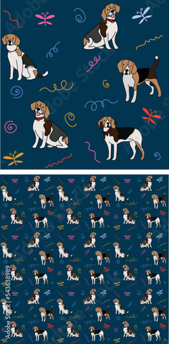 Seamless dog pattern, holiday texture. Navy dark background, colorful abstract elements. Packaging, textile, textile, fabric, decoration, wrapping paper. Trendy hand-drawn Beagle breed wallpaper.