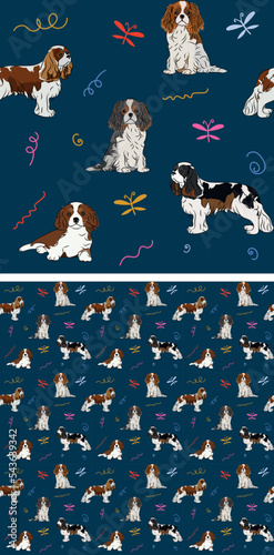 Seamless dog pattern, holiday texture. Navy dark background, colorful abstract elements. Packaging, textile, textile, fabric, decoration, wrapping paper. Trendy hand-drawn Cavalier breed wallpaper.