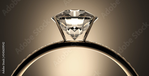 Close-up of a diamond engagement ring with a solitaire gemstone and metallic band on a soft gradient background, 3D render