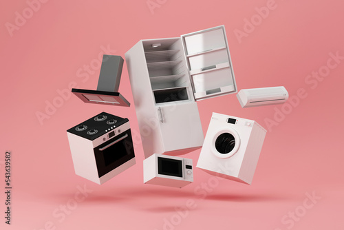 Floating household kitchen and laundry appliances on a pink background, 3D render