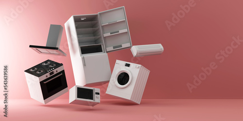 Floating kitchen and home appliances including a refrigerator, oven, microwave, washing machine, hood and air conditioner on a pink background, 3D render