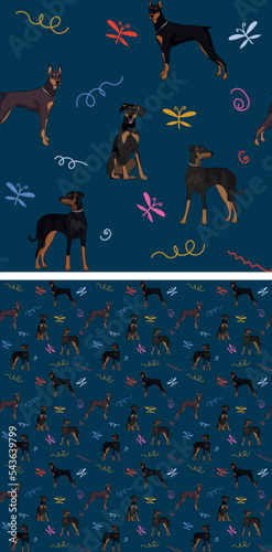 Seamless dog pattern, holiday texture. Navy dark background, colorful abstract elements. Packaging, textile, textile, fabric, decoration, wrapping paper. Trendy hand-drawn Doberman breed wallpaper.