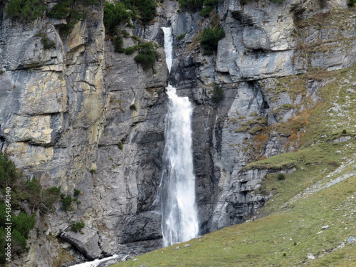 Schmuerfälle or Schmuer Waterfalls (Cascada da Pigniu oder Aua da Fluaz Wasserfälle) over the lake Panixersee (Lag da Pigniu), Pigniu-Panix - Canton of Grisons, Switzerland (Kanton Graubünden, Schweiz
