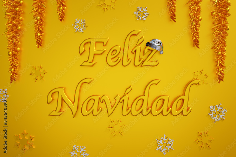 Feliz Navidad in gold.  (Merry Christmas) Spanish Christmas and culture. The text is framed by fir branches with decorations and golden and silver snowflakes. Christmas card. 3D illustration