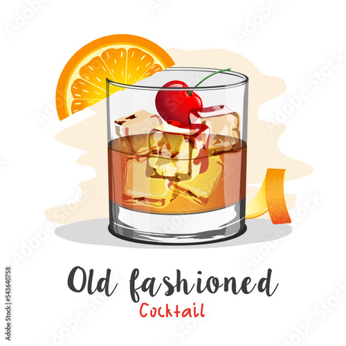 Old fashioned alcoholic drink in a glass goblet with ice cherry and orange on a black background with the title text
