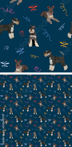 Seamless dog pattern, holiday texture. Navy dark background, colorful abstract elements. Packaging, textile, textile, fabric, decoration, wrapping paper. Trendy hand-drawn Schnauzer breed wallpaper.