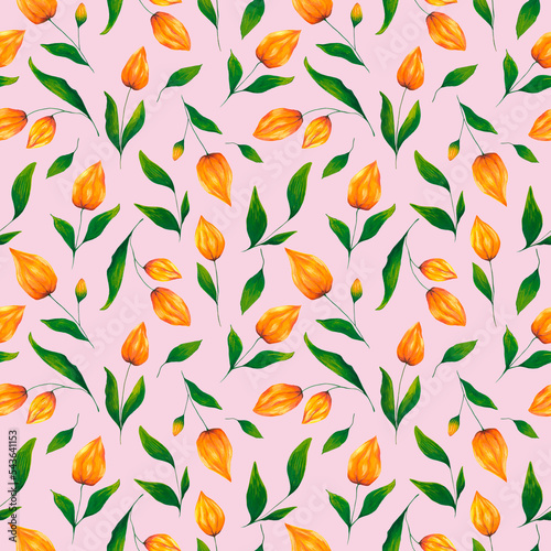 Physalis floral seamless pattern. Gouache botanical repeat print with orange autumn winter flowers on pink background. Beautiful nature botanical design in retro vintage style.