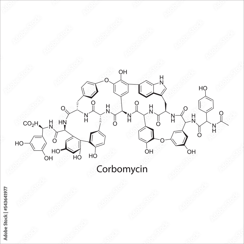 Corbomycin  flat skeletal molecular structure Glycopeptide antibiotic drug used in bacterial infection treatment. Vector illustration.